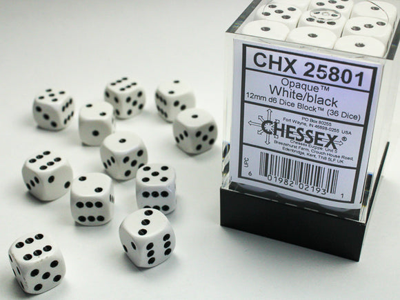 Chessex Opaque White/black 12mm d6 Dice Block (36 dice)