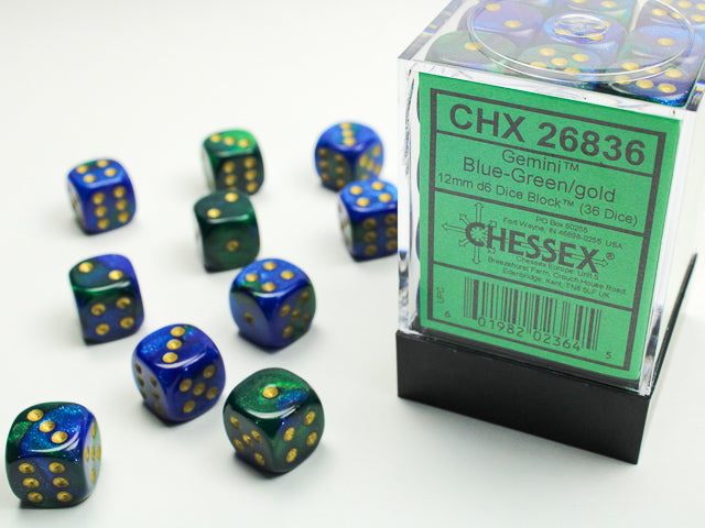 Chessex Gemini Blue-Green/gold 12mm d6 Dice Block (36 dice)