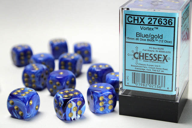 Chessex Vortex Blue/gold 16mm d6 Dice Block (12 dice)