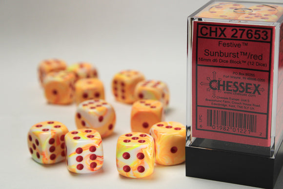 Festive Sunburst w/red 16mm d6 w/pips Dice Block (12 dice)